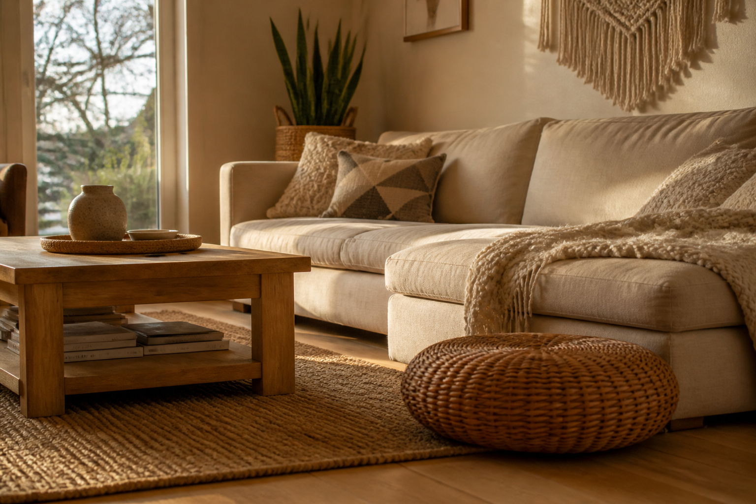 Décoration salon beige et bois : idées simples pour un intérieur chaleureux
