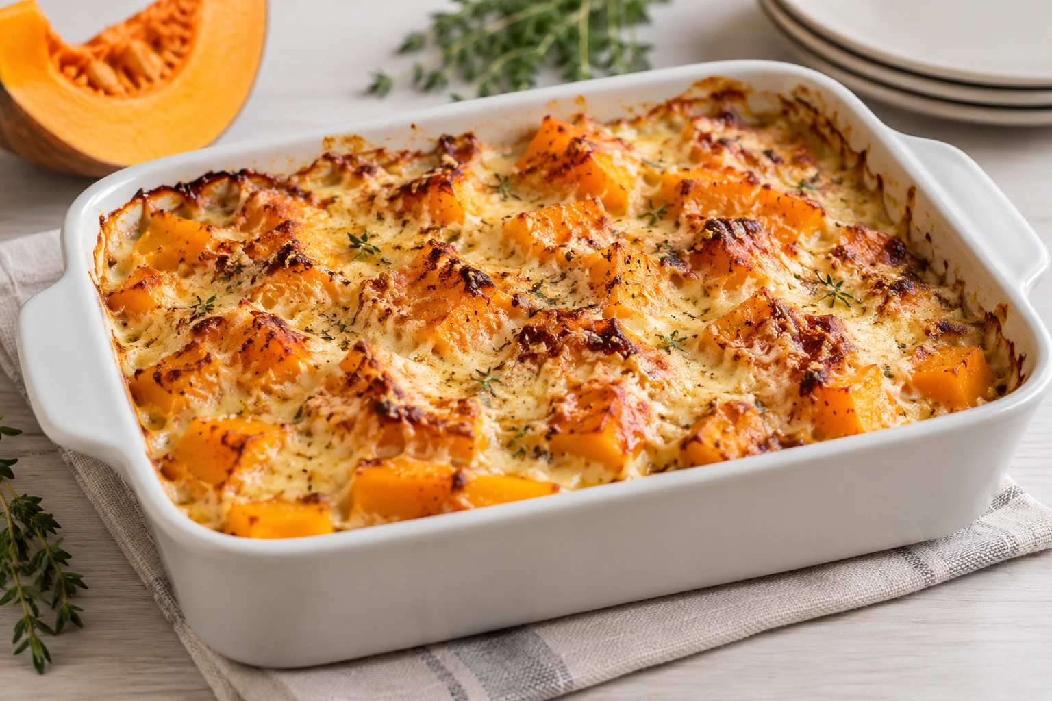 Gratin de potimarron doré au fromage dans plat blanc sur torchon clair