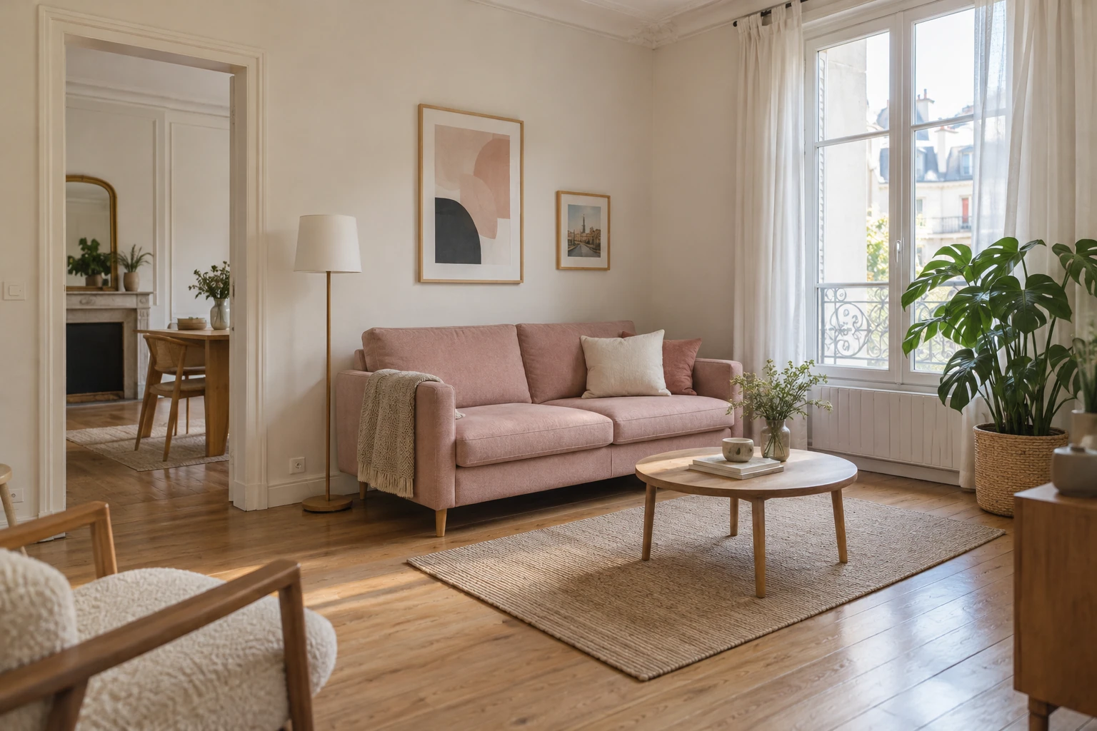 Salon cosy avec canapé rose, table ronde en bois, tapis et plante près fenêtre