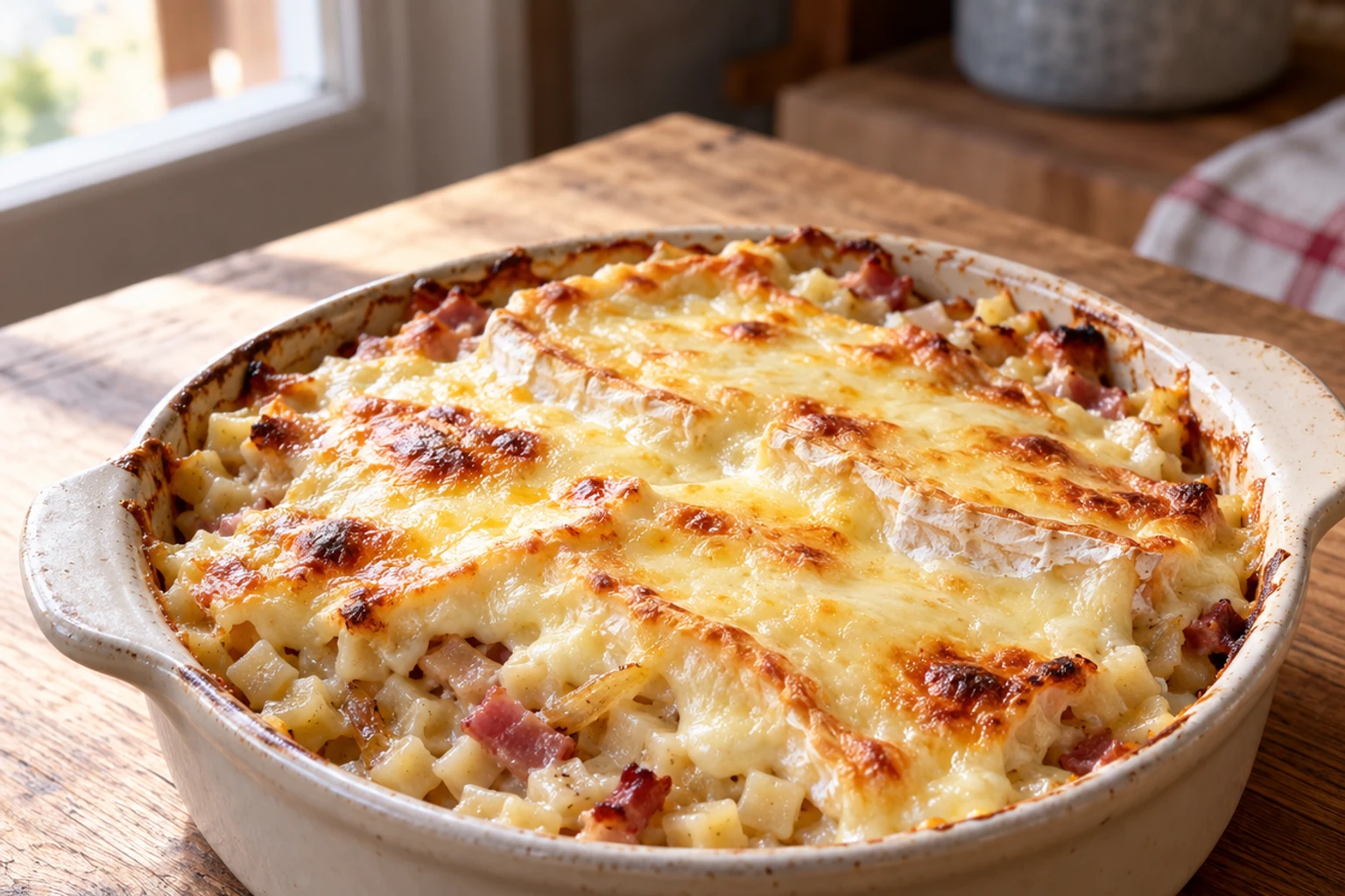 Croziflette dorée dans plat rond en céramique, lardons visibles, fromage fondu gratiné