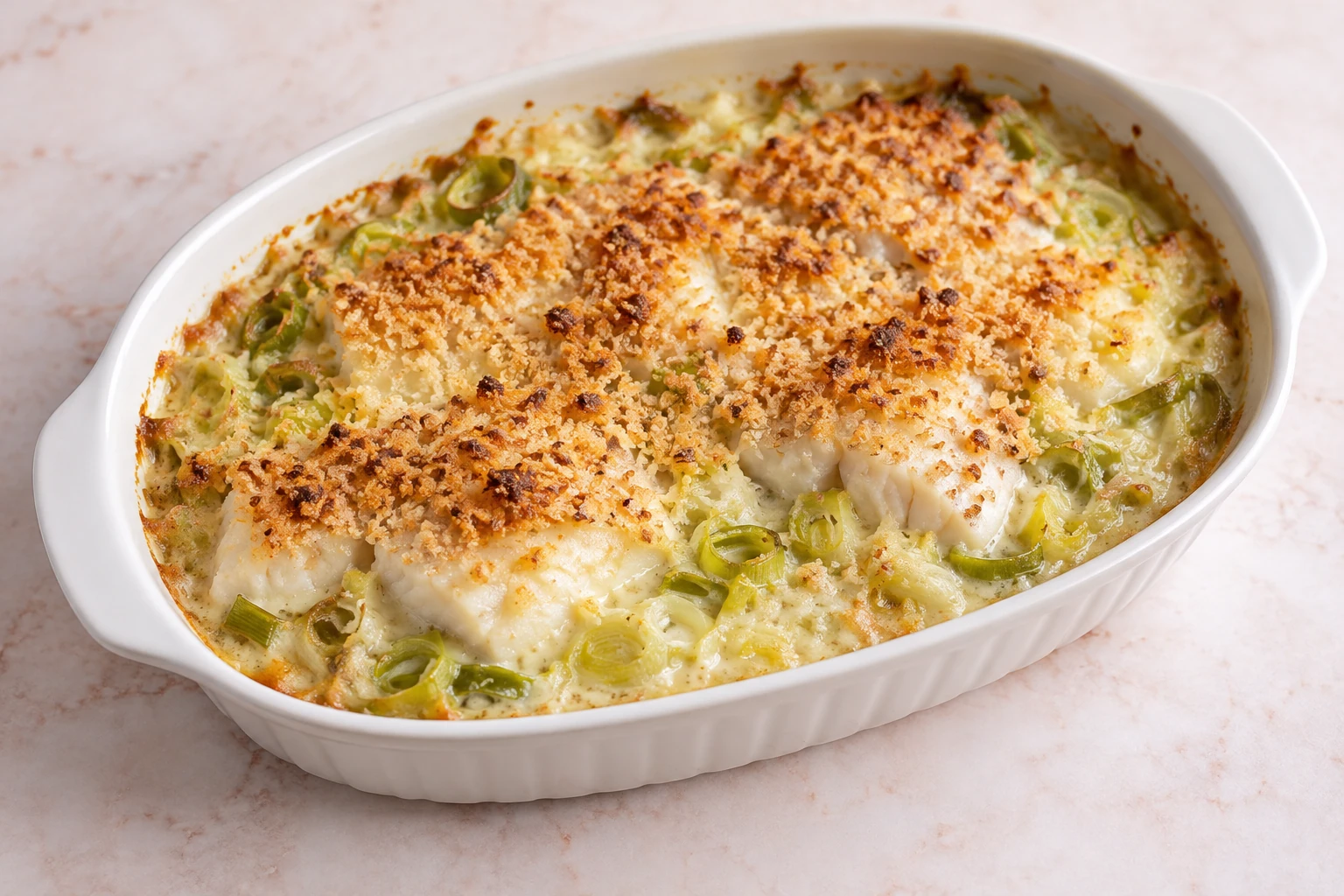 Gratin de poisson à la Bretonne avec cabillaud, poireaux et croûte dorée au four