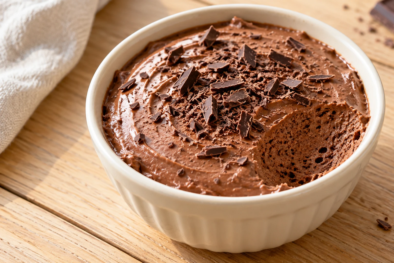 Mousse au chocolat dans ramequin blanc, cuillère retirée, copeaux de chocolat dessus