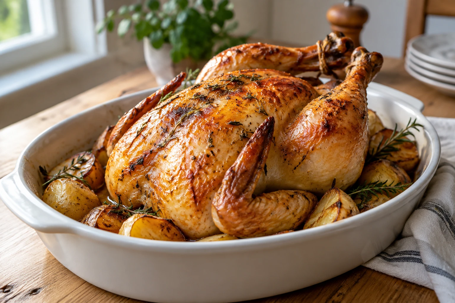 Poulet rôti doré entier dans plat blanc avec pommes de terre et herbes fraîches