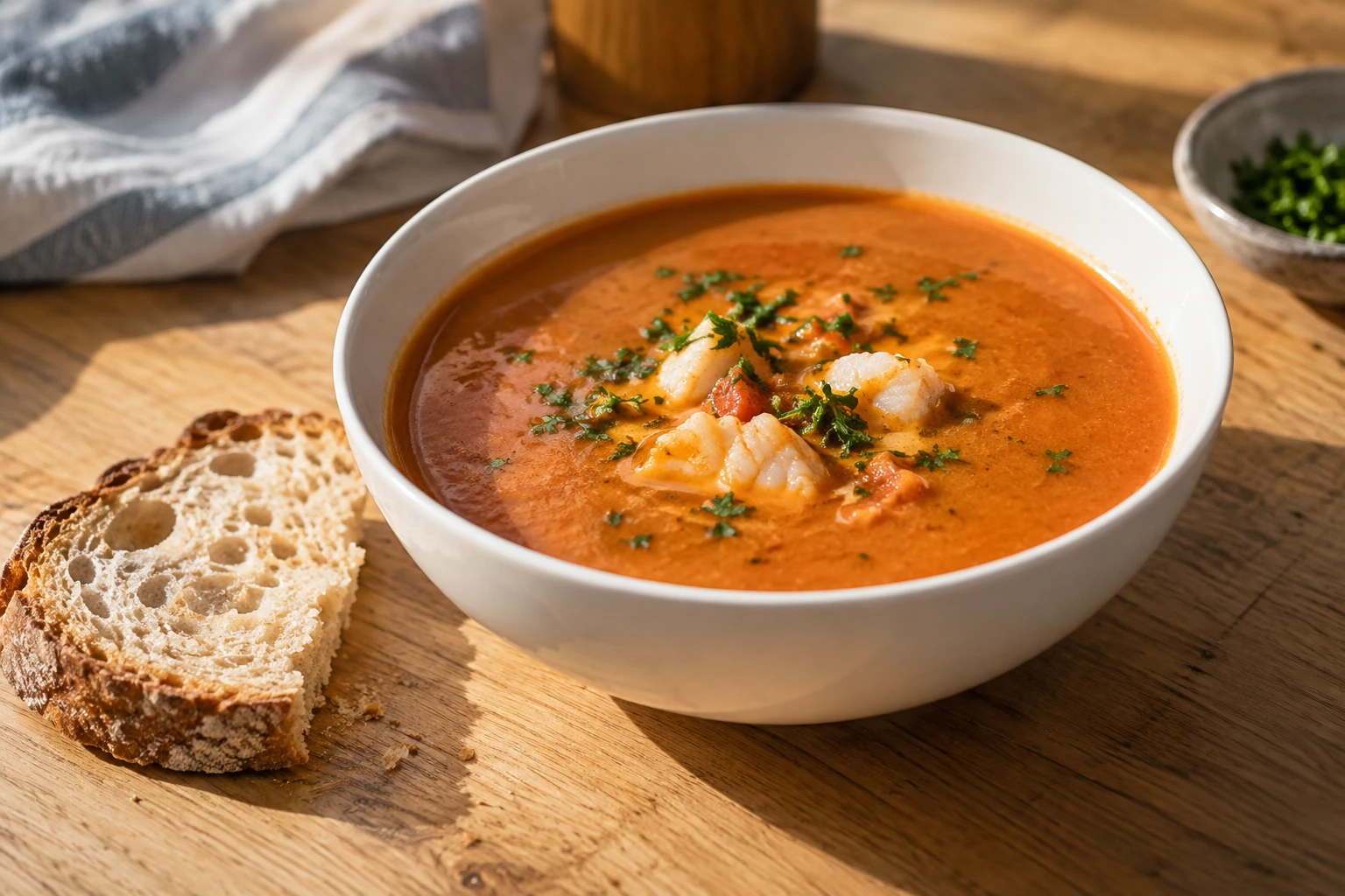 Bol de soupe de poisson orange avec morceaux de poisson et persil, tranche de pain