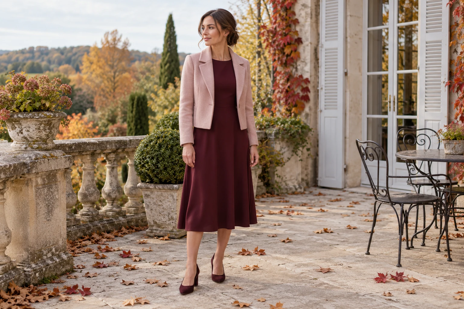 Femme en robe bordeaux et veste rose pâle sur terrasse automnale, feuilles tombées